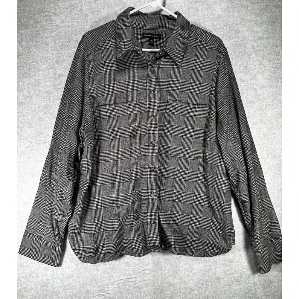 Banana Republic Men's Plaid Flannel Button Down Shirt Cotton Gray Size XXL